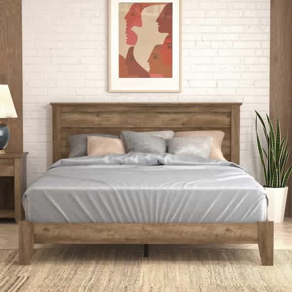 Galano Harlowin Knotty Oak Wood Frame Queen Platform Bed with Headboard