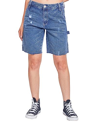 YMI Women's High Rise Denim Carpenter Shorts, Indigo Blue Rips, 01