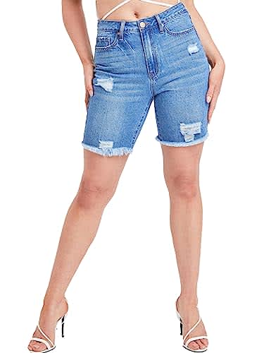 YMI Women's Hybrid Dream High Rise Frayed Hem Shorts, Medium Blue Rips, 11