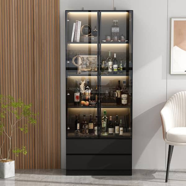 78" Storage Cabinet w/ Glass Doors, Shelves, & LED Lights