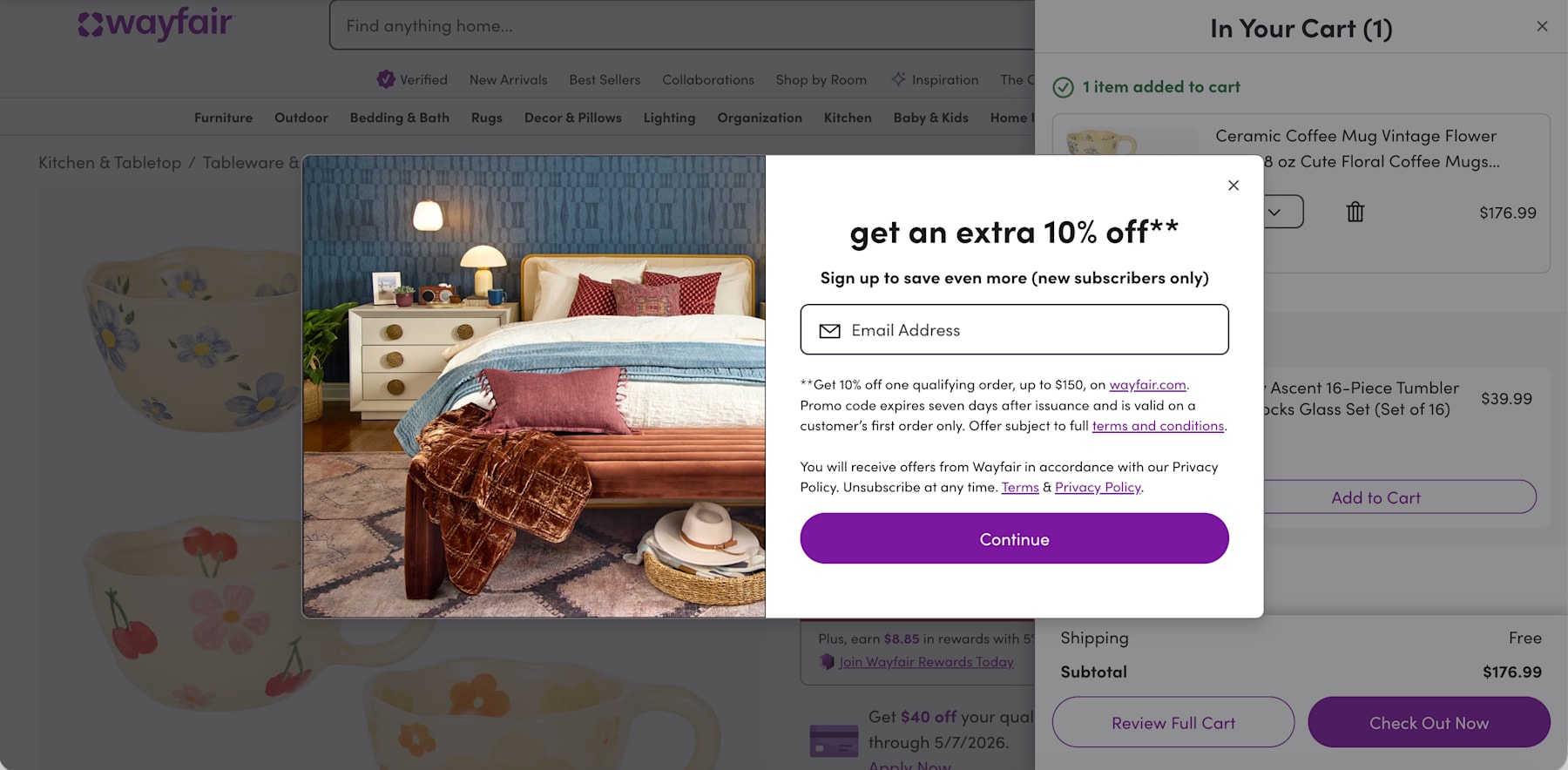 Wayfair email signup for free shipping