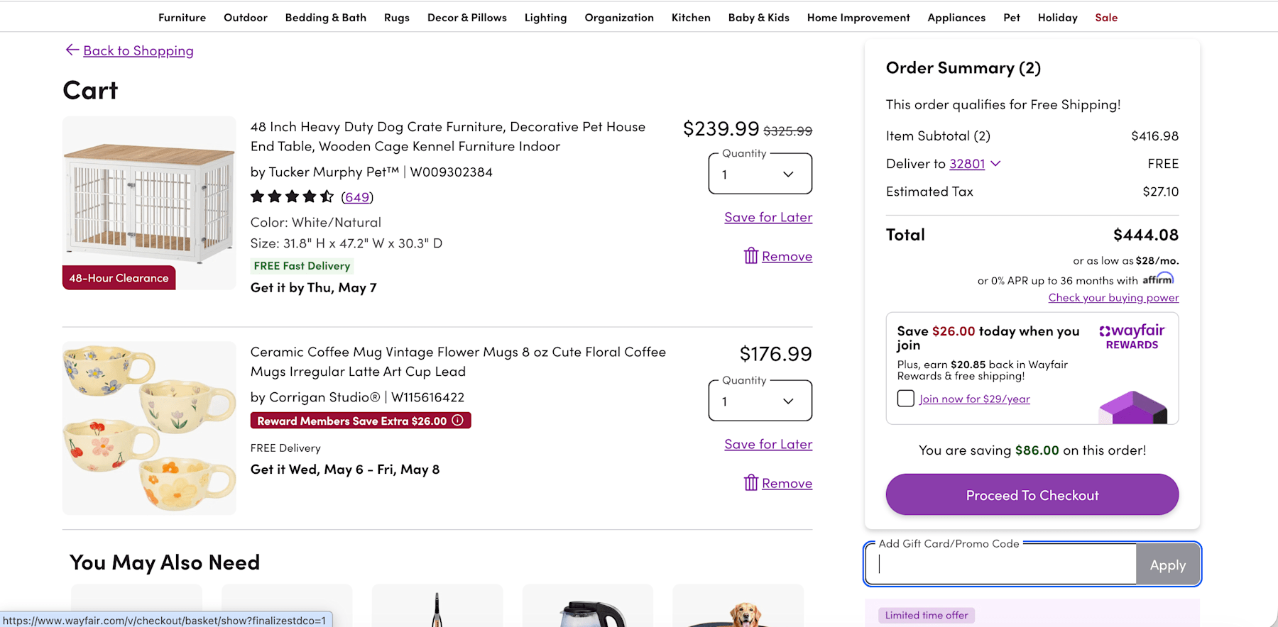Apply Wayfair free shipping code