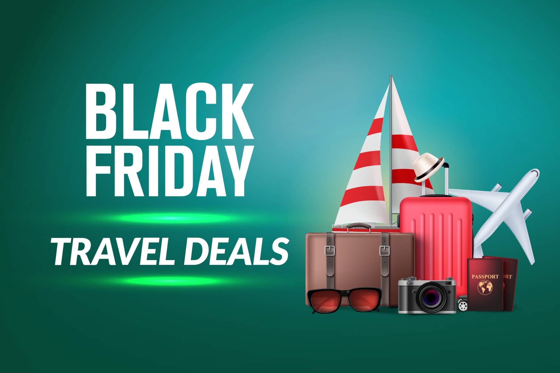 Travel items sit next to text that reads Black Friday Travel Deals.