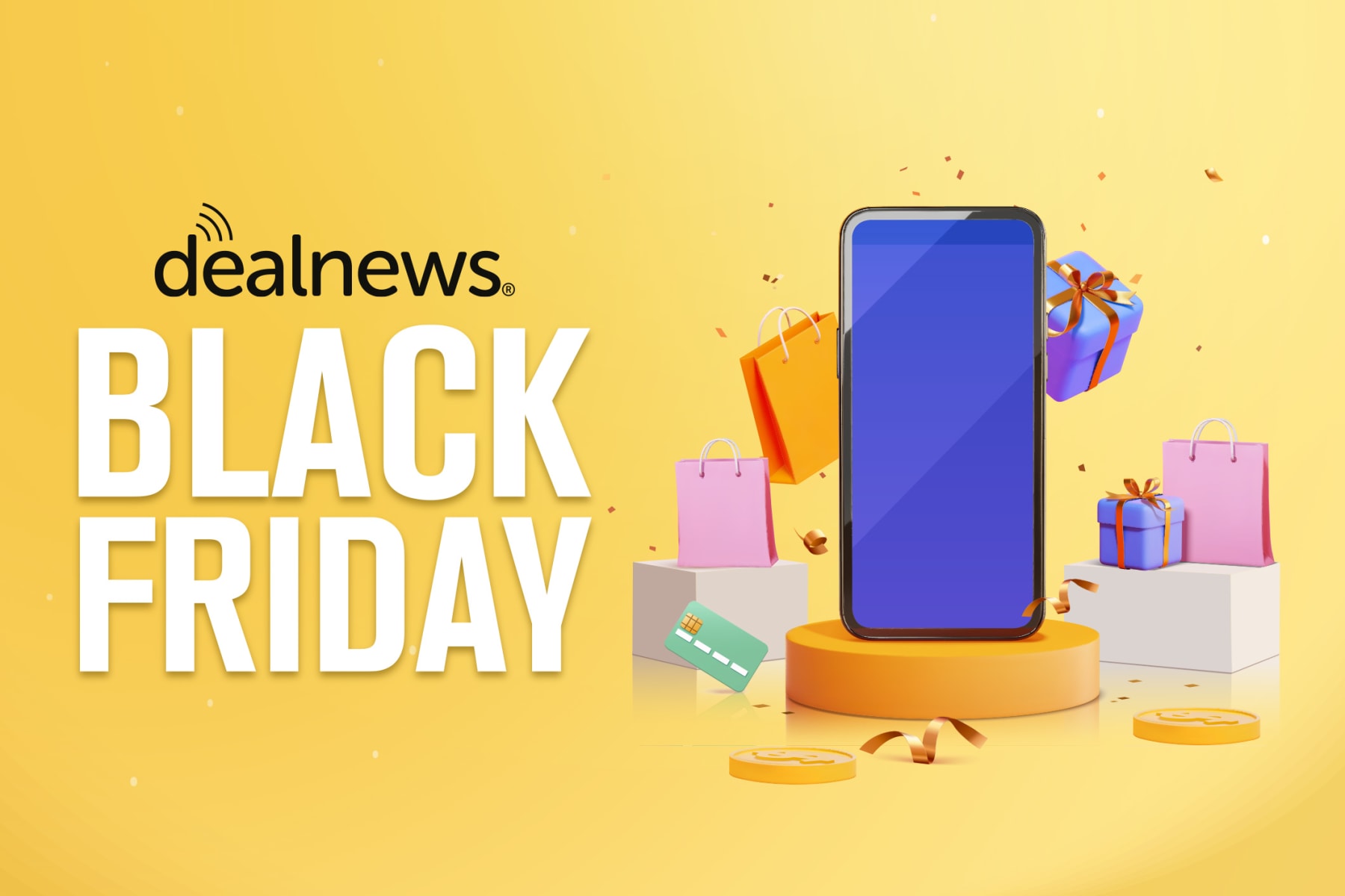 Phone and shopping items sit next to text reading DealNews Black Friday.