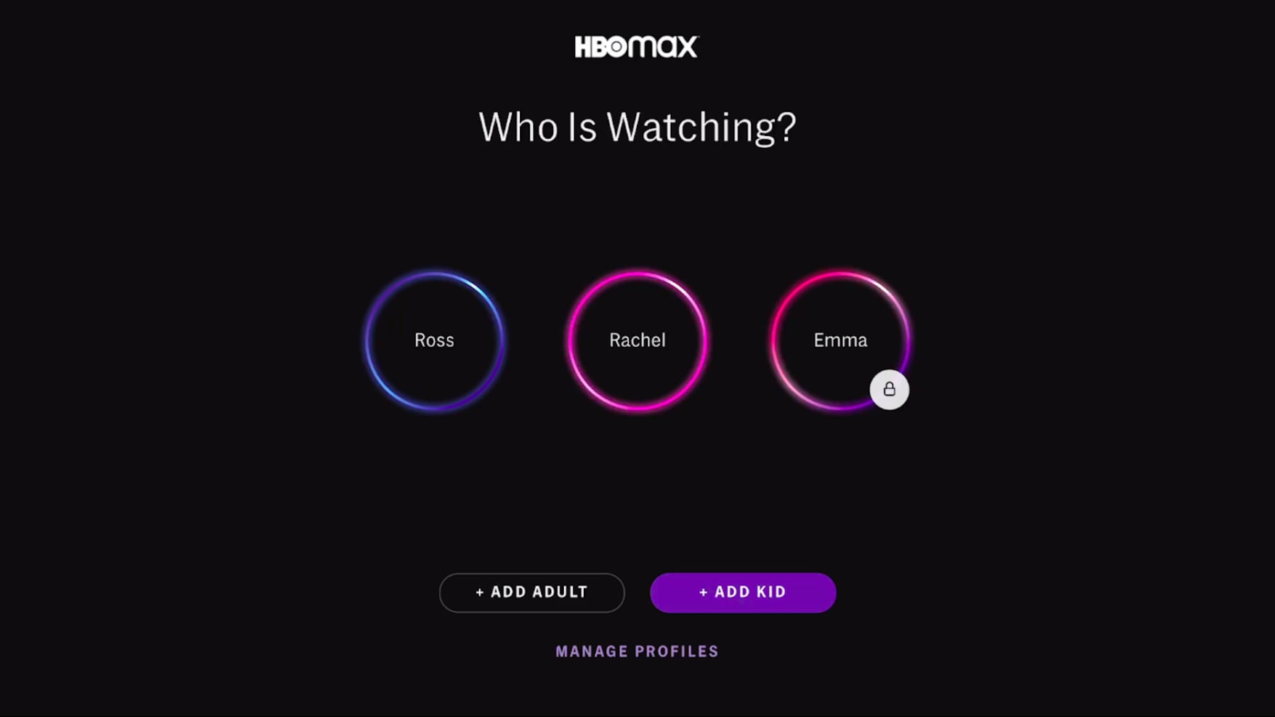 HBO Max profiles screen asks user to select who is watching.