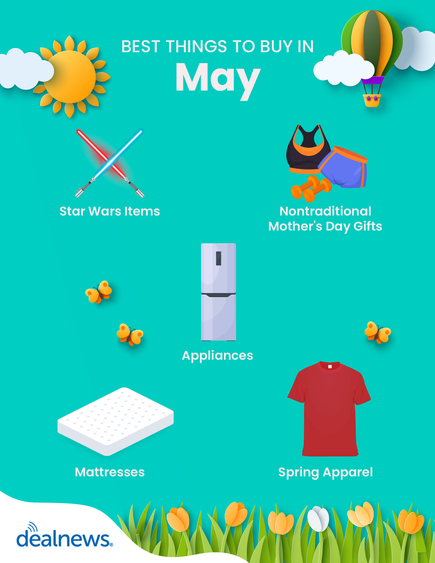Best things to buy in May depicted in an infographic.