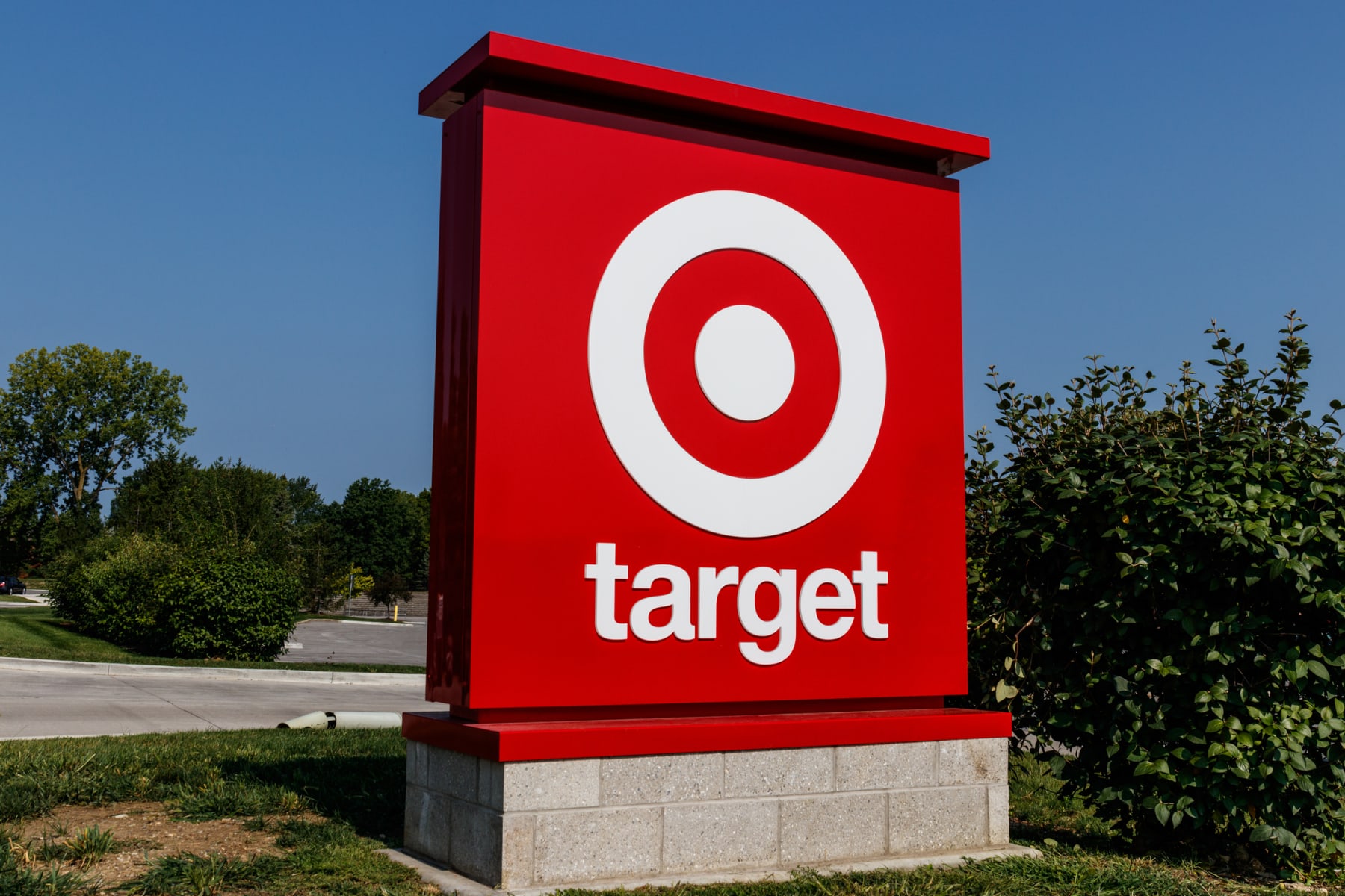 Freestanding store sign displays Target logo.