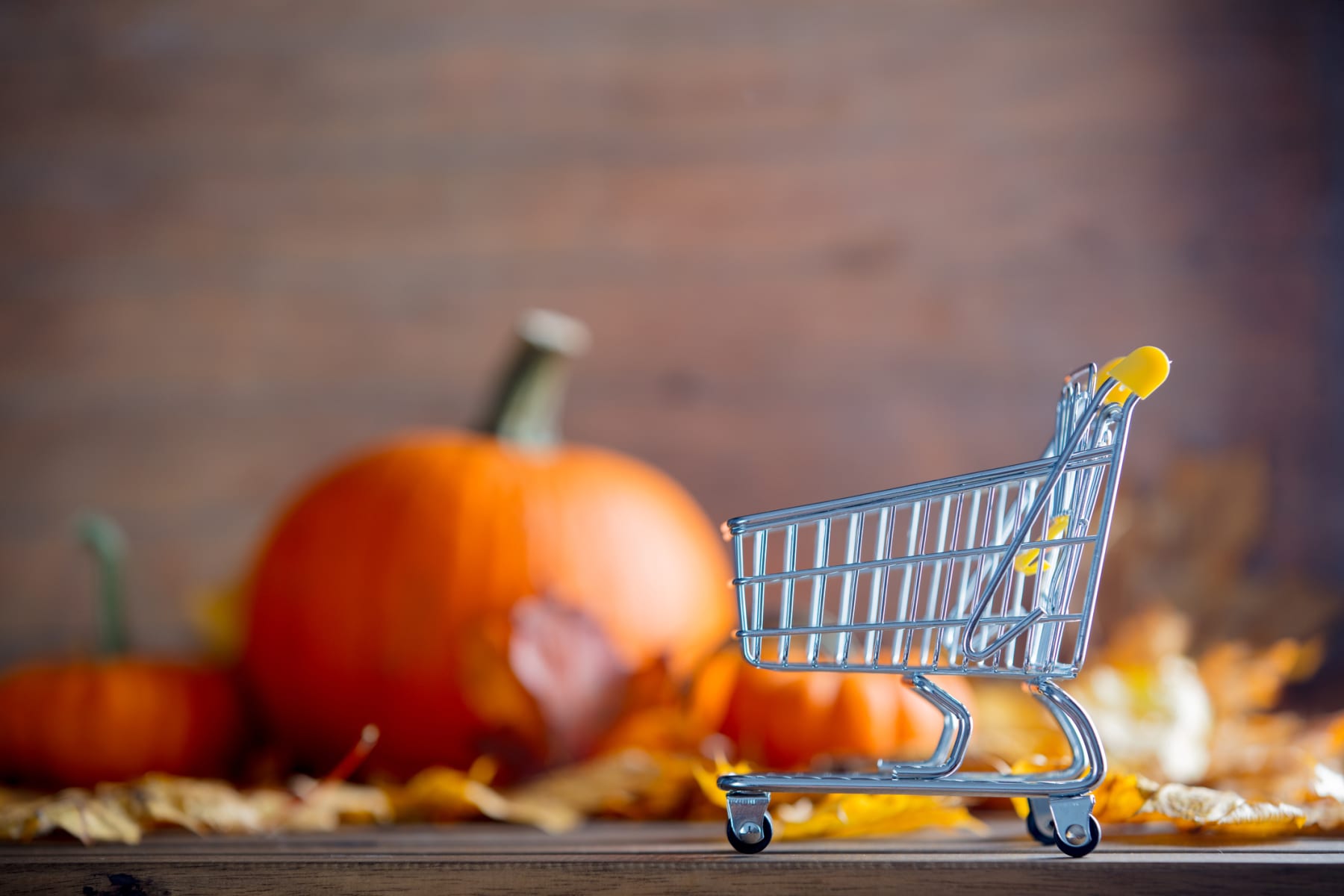 Thanksgiving-style scene shows shopping cart and pumpkins.