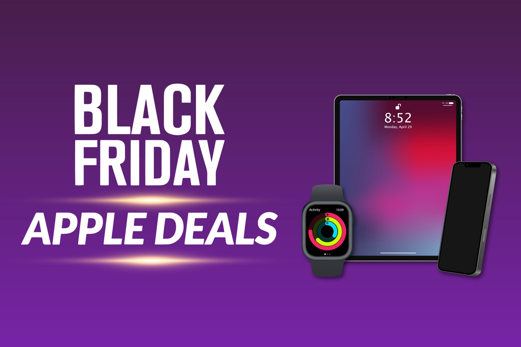 Apple products sit next to text that reads Black Friday Apple Deals.