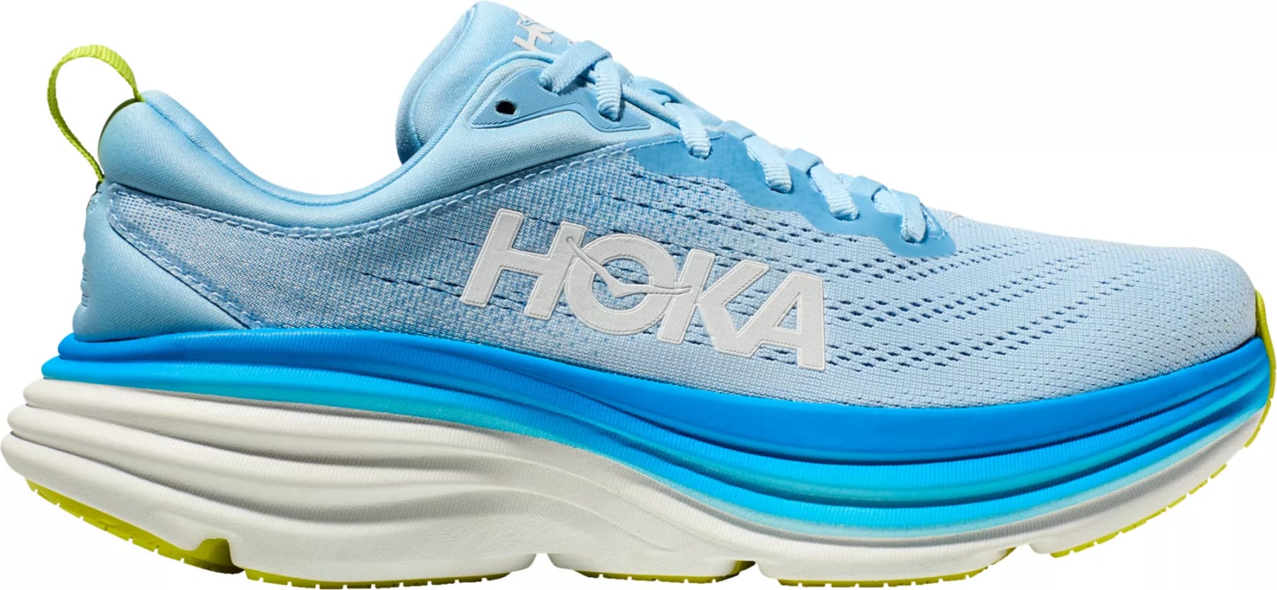 The Hoka Men's Bondi 8 Running Shoes in blue and white.