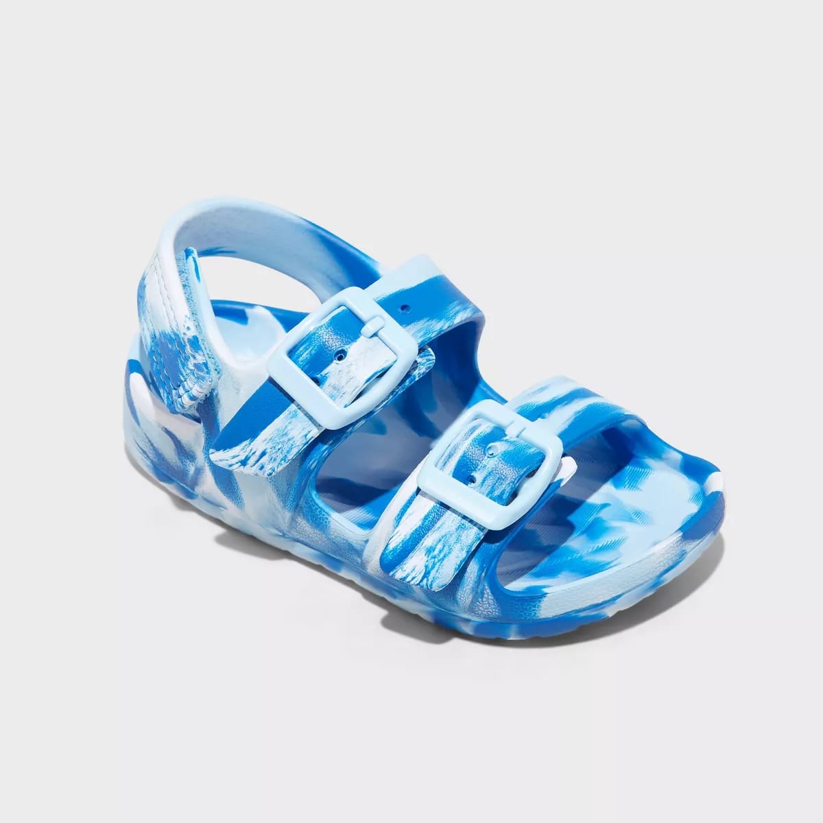 A pair of blue sandals for a toddler.