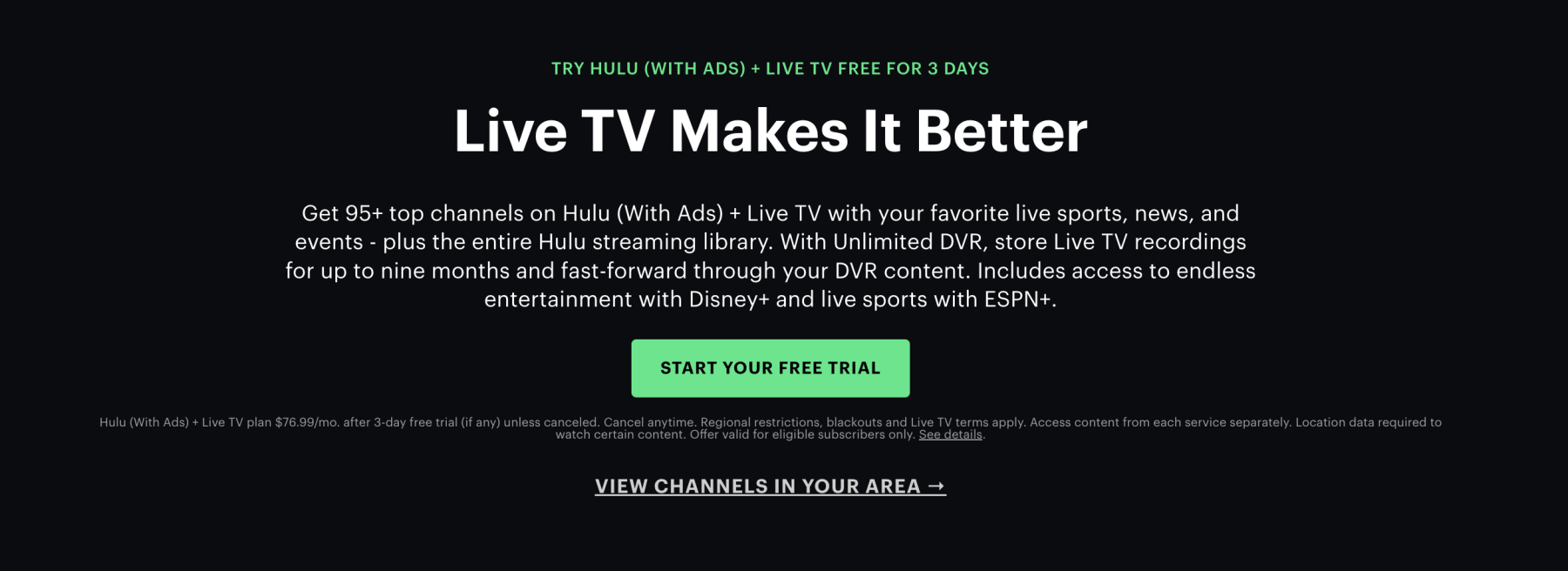 Screenshot from hulu.com/welcome provides info on 3-day free trial offer.