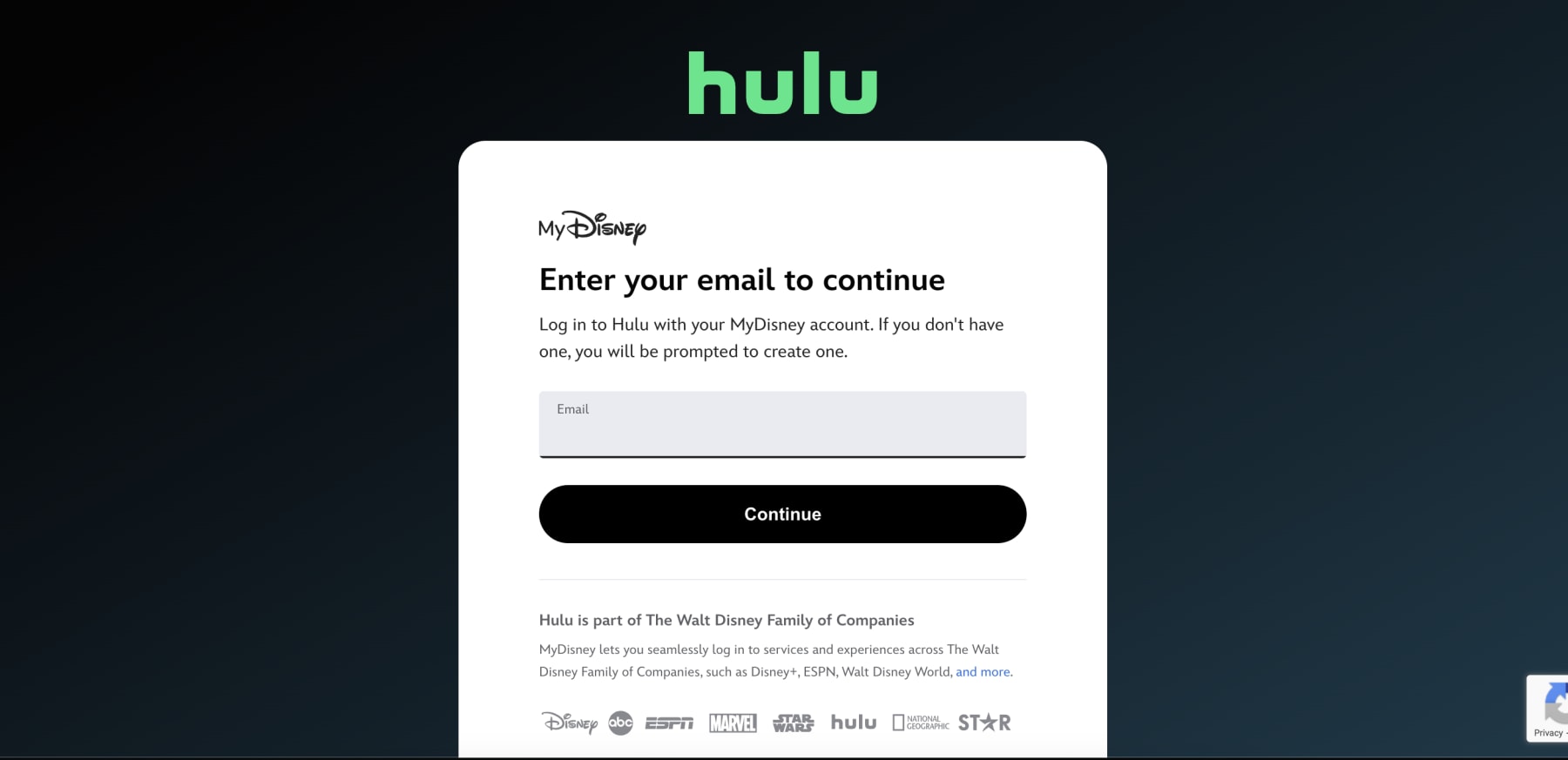 Hulu sign in screen