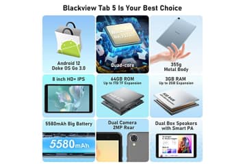  Blackview Android 12 Tablet, 10.1 inch with Tab 7 WiFi 5GB RAM  64GB ROM with 1TB Expand, 6580mAh Battery PC IPS HD+ Touch Screen, Google  GMS Certified 5MP Tablet for