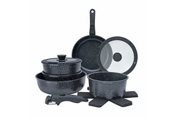 A set of pots and pans with detachable handles. Go from the stove