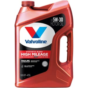 Valvoline High Mileage SAE 5W-30 Synthetic Blend Motor Oil 5-Quart Jug: $20