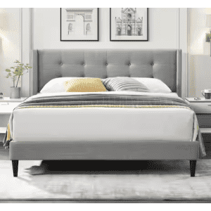 Dwell Home Mia Upholstered Queen Platform Bed with Tufted Headboard: $143 Dwell Home Mia Upholstered Queen Platform Bed with Tufted Headboard: $143