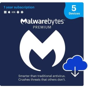 Malwarebytes Premium Security 5-Device 1-Year Software Subscription: $25