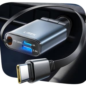 Lisen 57W USB-C Fast Charging Retractable Car Charger: $9.99