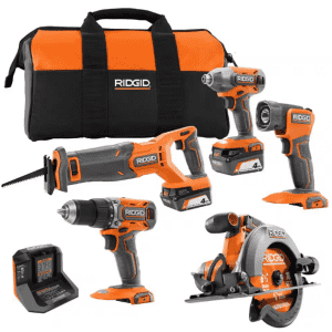Ridgid 18V 5-Tool Combo Kit w/ Two Batteries, Charger, Tool Bag, & Accessories: $299