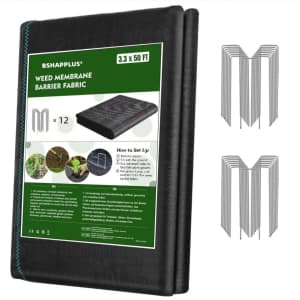 50-ft. Heavy-Duty Geotextile Weed Barrier Fabric w/ 12 U-Shaped Pegs: $16