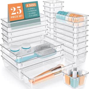 25-Piece Clear Plastic Drawer Organizer Set: $16