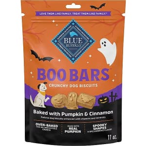 Blue Buffalo Boo Bars Pumpkin and Cinnamon Recipe Crunchy Halloween Dog Biscuits 11-oz. Bag: $4.97 Blue Buffalo Boo Bars Pumpkin and Cinnamon Recipe Crunchy Halloween Dog Biscuits 11-oz. Bag: $4.97