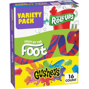 Fruit Roll-Ups, Fruit by the Foot, Gushers 16-Ct. Variety Pack: $3.70 via Sub & Save Fruit Roll-Ups, Fruit by the Foot, Gushers 16-Ct. Variety Pack: $3.70 via Sub & Save