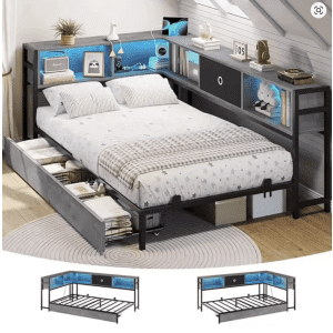Corner Twin Bed Frame w/ Bookshelf and LED Lights: $141