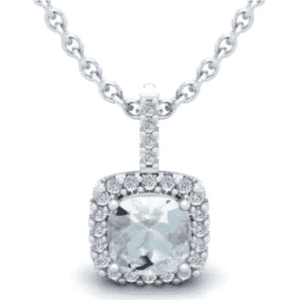 1-tcw. Cushion Cut Aquamarine and Halo Diamond Necklace: $398 w/ $25 SuperJeweler Gift Card 1-tcw. Cushion Cut Aquamarine and Halo Diamond Necklace: $398 w/ $25 SuperJeweler Gift Card