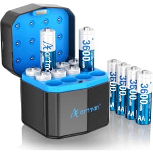 Artman Rechargeable Lithium AA Batteries 12-Pack with Charger: $22.49
