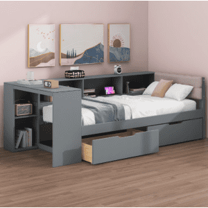 Euroco Wood Twin Size Platform Bed with Desk and Shelves: $227