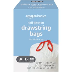 Amazon Basics 13-Gallon Tall Kitchen Drawstring Trash Bag 80-Pack: $8.61 via Sub & Save