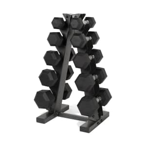 CAP 150-lb. Coated Rubber Hex Dumbbell Weight Set with A-Frame Rack: $112