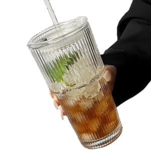 Vertical Striped Glass Cup w/ Straw: 89 cents