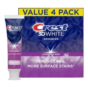 Crest 3D White 3.7-oz. Advanced Teeth Whitening Toothpaste 4-Pack: $8.95 w/ Sub & Save Crest 3D White 3.7-oz. Advanced Teeth Whitening Toothpaste 4-Pack: $8.95 w/ Sub & Save