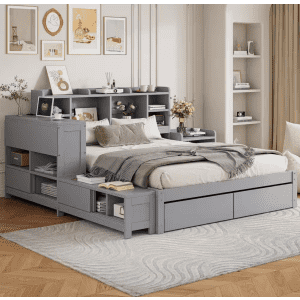 Harper & Bright Designs Full Platform Bed with Nightstand, Shelves, and USB: $289.51