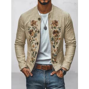 Floral Embroidered Cotton Linen Shirt Jacket: $26.49