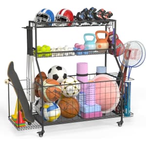 Garage Ball Storage Rack with Baskets and Wheels: $69.29