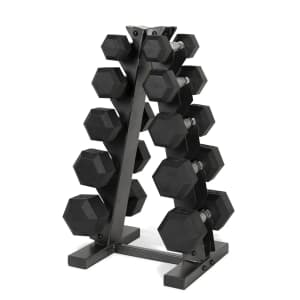 CAP 150-lb. Coated Rubber Hex Dumbbell Weight Set with A-Frame Rack: $149