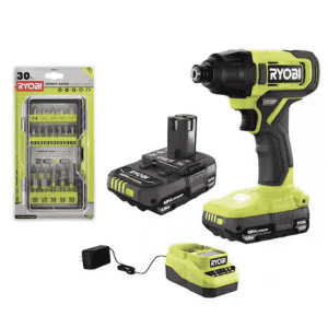 Ryobi ONE+ 18V Cordless 1/4" Impact Driver Kit with Two 1.5 Ah Batteries, Charger, and 30-Piece Driving Kit: $89