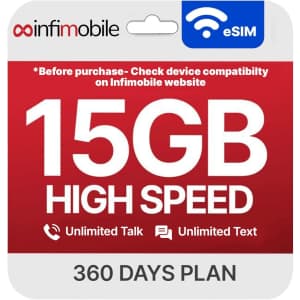 Infimobile 12-Month Prepaid Plan + 15GB Monthly Data / eSIM Card: $113