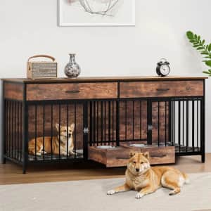 75 Inch Wooden Heavy Duty Dog Crate with Drawers for 2 Dogs: $239.99