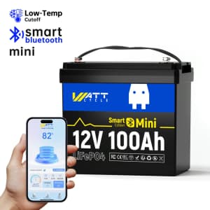 Wattcycle 12V 100Ah Mini Bluetooth LiFePO4 Battery: $162