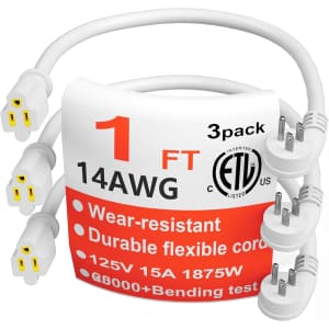 14AWG 1-Foot Flat Plug Extension Cord 3-Pack: $7.59