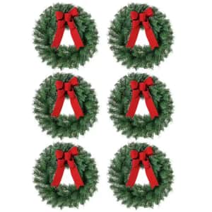 Home Accents Holiday 14" Unlit Artificial Christmas Wreath w/ Red Bow 6-Pack: $49.98