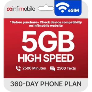 Infimobile 12-Month Prepaid Plan + 5GB Monthly Data / eSIM Card: $60 Infimobile 12-Month Prepaid Plan + 5GB Monthly Data / eSIM Card: $60