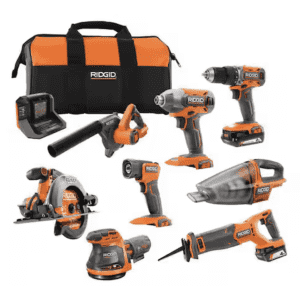 Ridgid 18V Cordless 8-Tool Combo Kit with 2Ah Battery, 4Ah Battery, Charger, and Tool Bag: $299