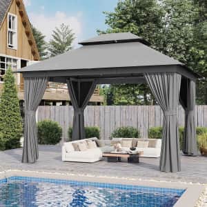 Aoxun 12-ft. Metal Frame Gazebo w/ Canopy, Double Roof, & Netting: $190