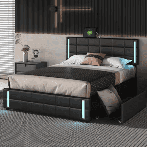 Harper & Bright Designs Platform Bed w/ Adjustable Headboard, LEDs, USB, Drawers: $273